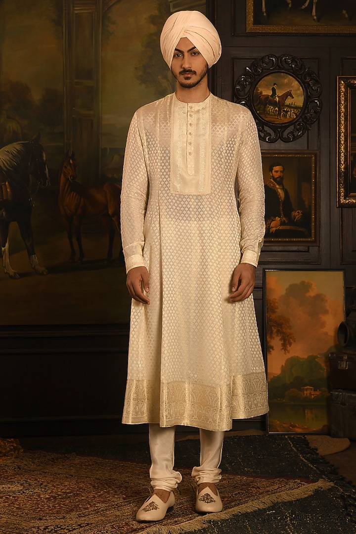 Sandstone Silk Zardosi Hand Embroidered Groom Sherwani Set by Punit Arora at Pernia's Pop Up Shop
