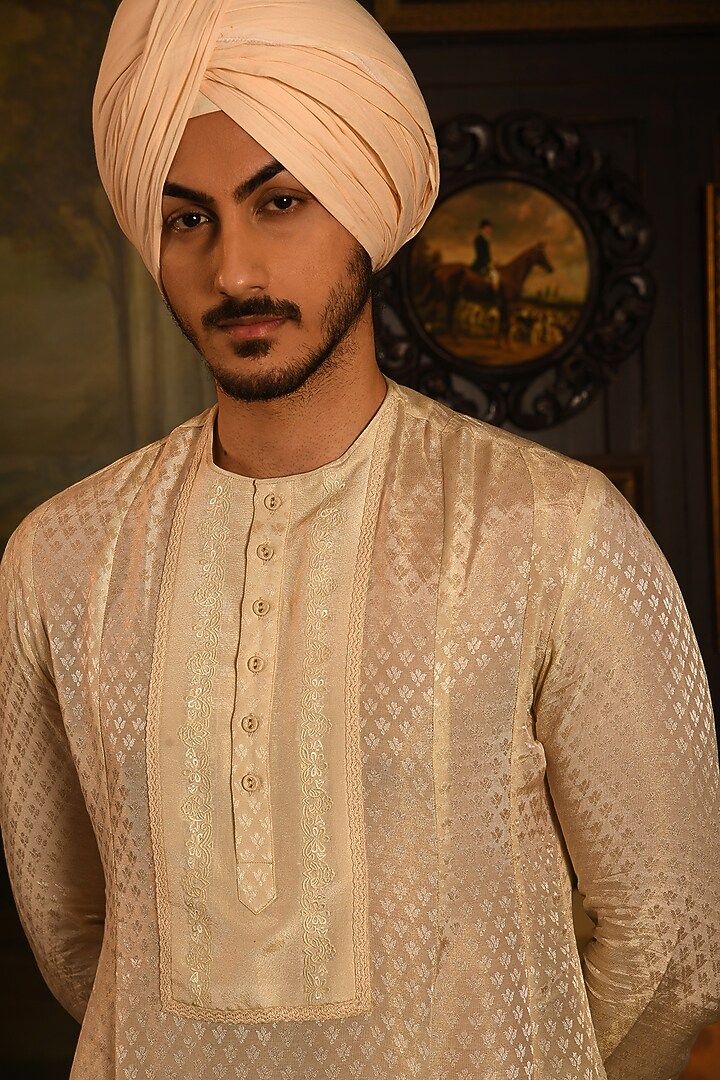 Sandstone Silk Zardosi Hand Embroidered Groom Sherwani Set by Punit Arora at Pernia's Pop Up Shop