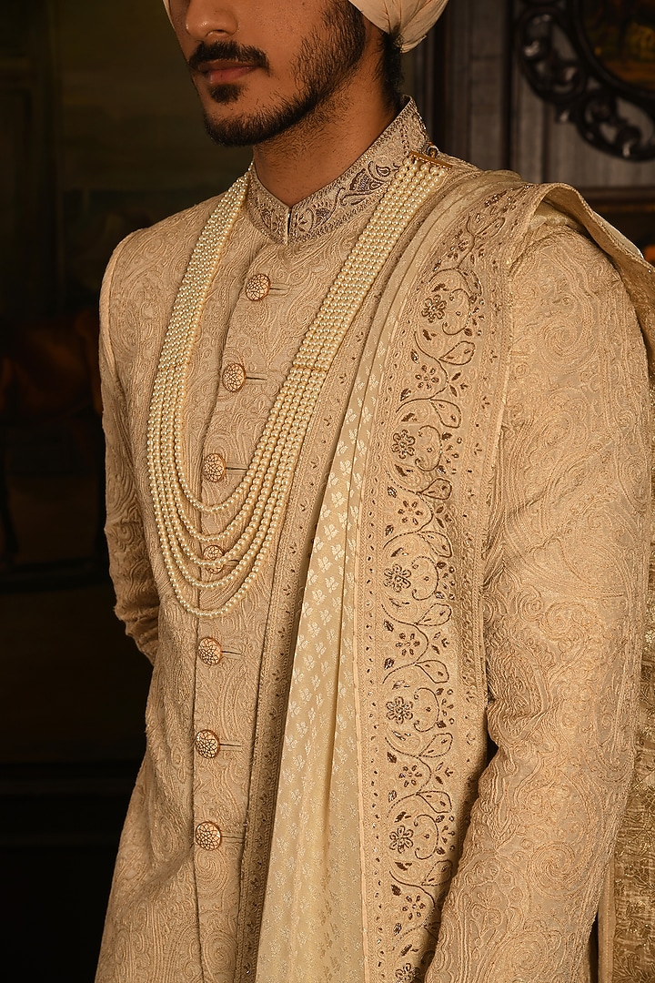 Sandstone Silk Zardosi Hand Embroidered Groom Sherwani Set by Punit Arora at Pernia's Pop Up Shop