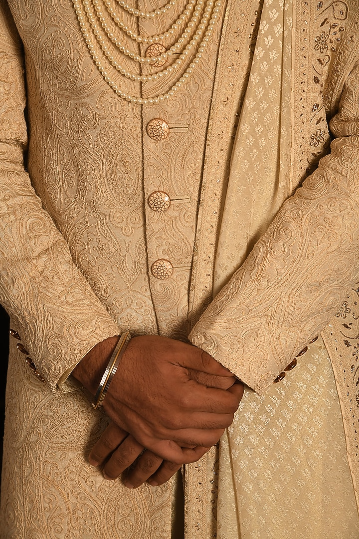 Sandstone Silk Zardosi Hand Embroidered Groom Sherwani Set by Punit Arora at Pernia's Pop Up Shop