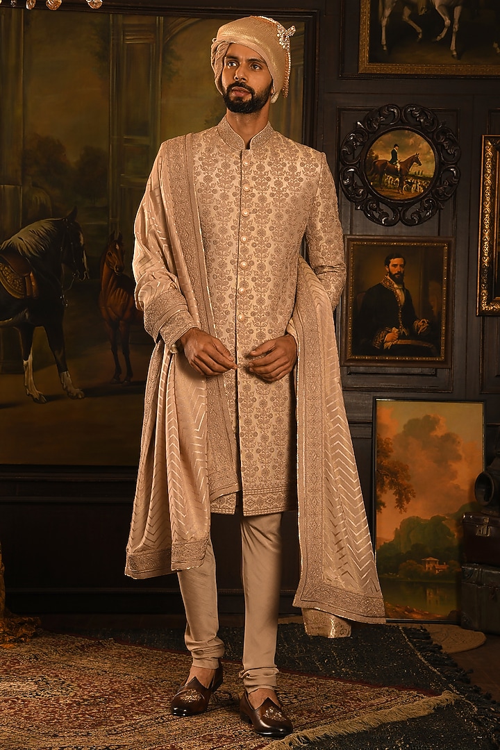 Champagne Gold Silk Swarovski Embellished Groom Sherwani Set by Punit Arora at Pernia's Pop Up Shop