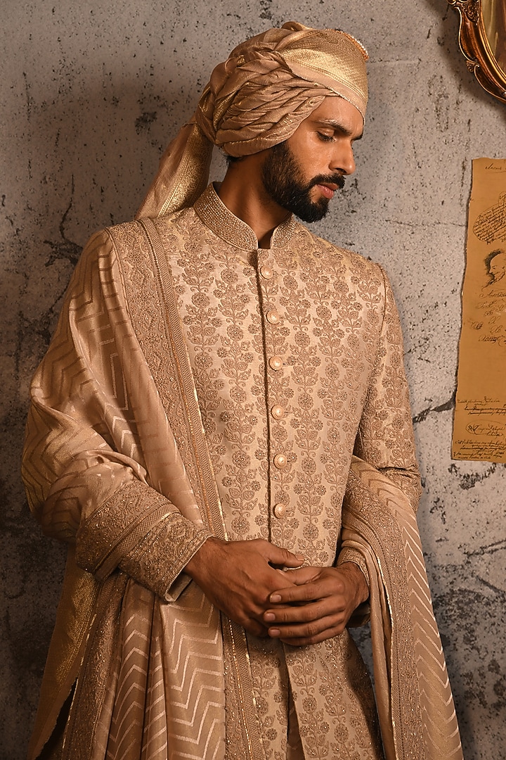 Champagne Gold Silk Swarovski Embellished Groom Sherwani Set by Punit Arora at Pernia's Pop Up Shop