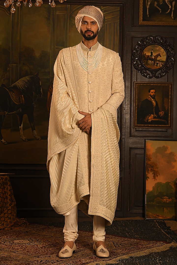 Light Beige Silk Swarovski Embellished Groom Sherwani Set by Punit Arora at Pernia's Pop Up Shop