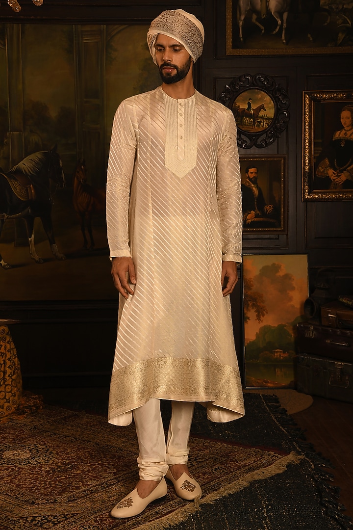 Light Beige Silk Swarovski Embellished Groom Sherwani Set by Punit Arora at Pernia's Pop Up Shop