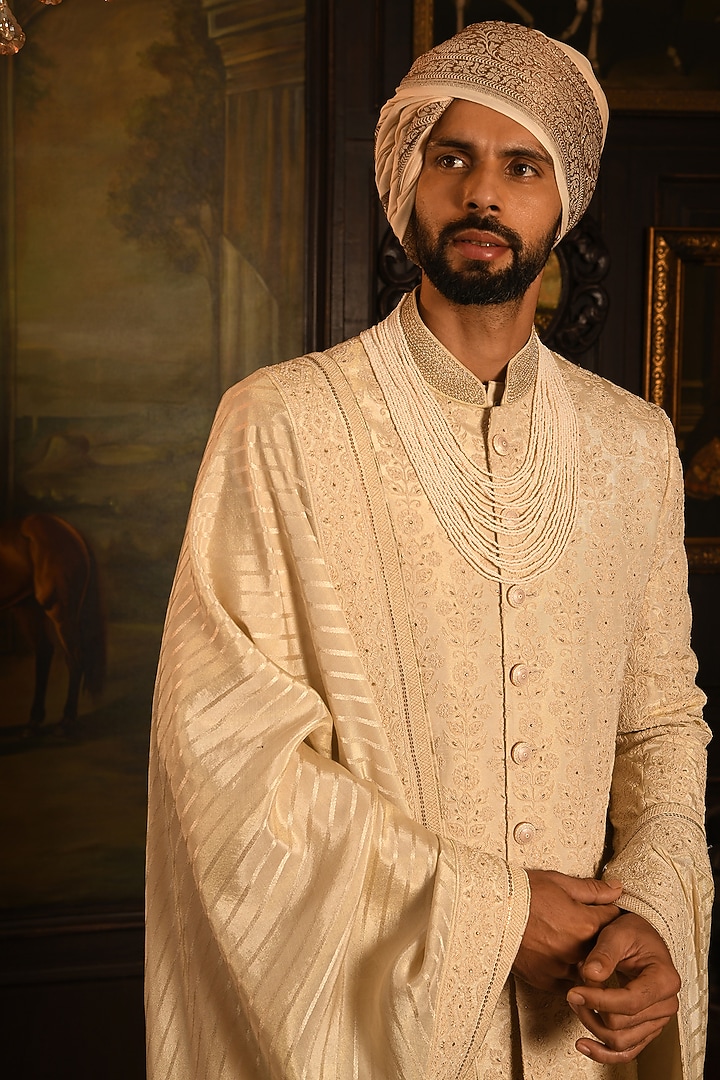 Light Beige Silk Swarovski Embellished Groom Sherwani Set by Punit Arora at Pernia's Pop Up Shop