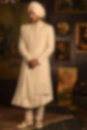 Ivory Silk Zardosi Embroidered Groom Sherwani Set by Punit Arora at Pernia's Pop Up Shop