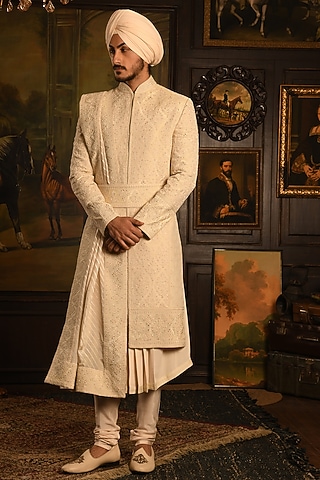 Ivory Silk Zardosi Embroidered Sherwani Set by Punit Arora
