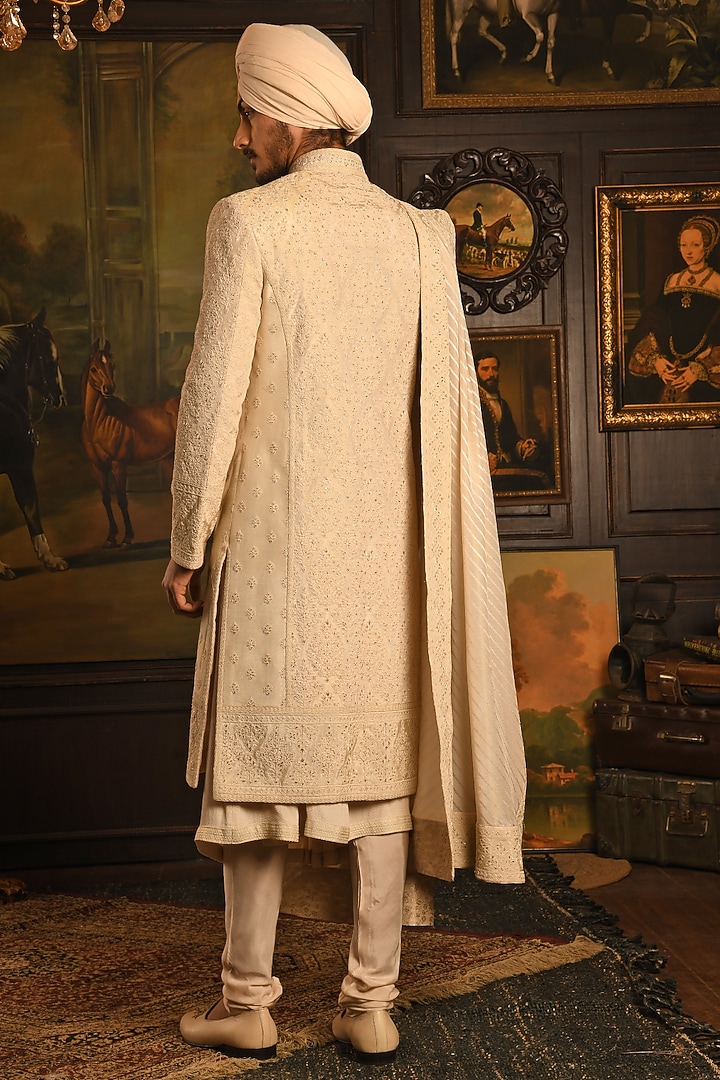 Ivory Silk Zardosi Embroidered Groom Sherwani Set by Punit Arora at Pernia's Pop Up Shop