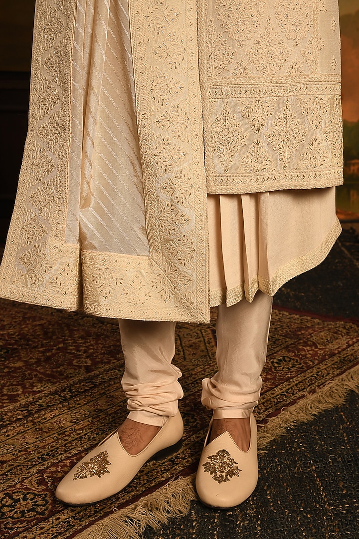 Ivory Silk Zardosi Embroidered Groom Sherwani Set by Punit Arora at Pernia's Pop Up Shop