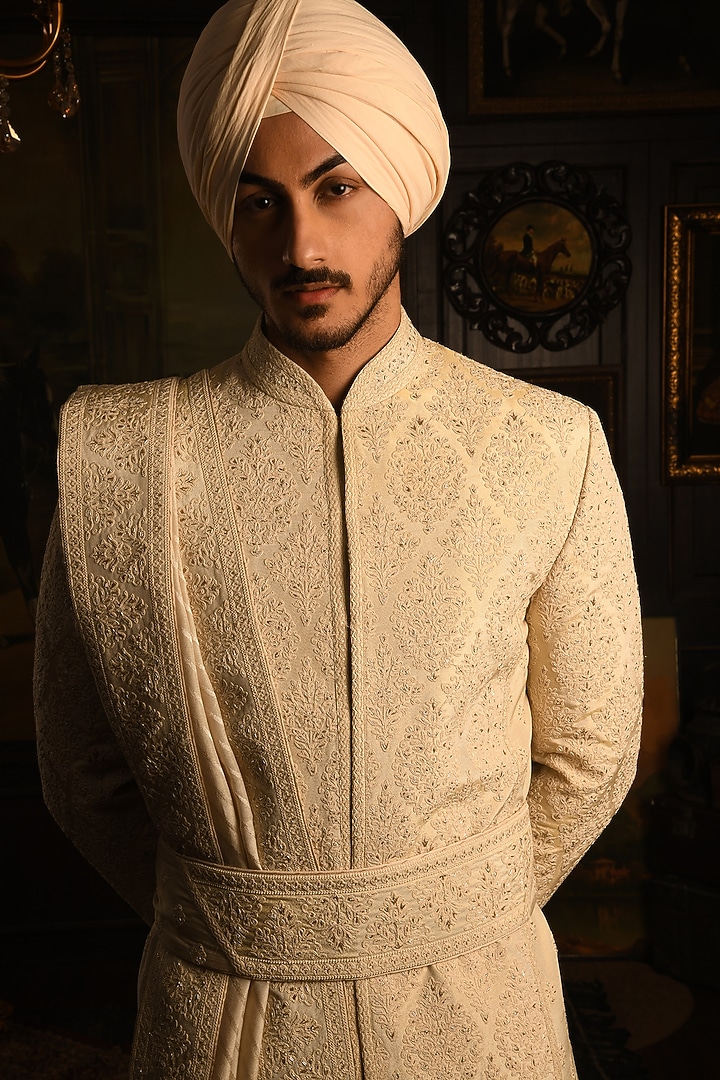 Ivory Silk Zardosi Embroidered Groom Sherwani Set by Punit Arora at Pernia's Pop Up Shop