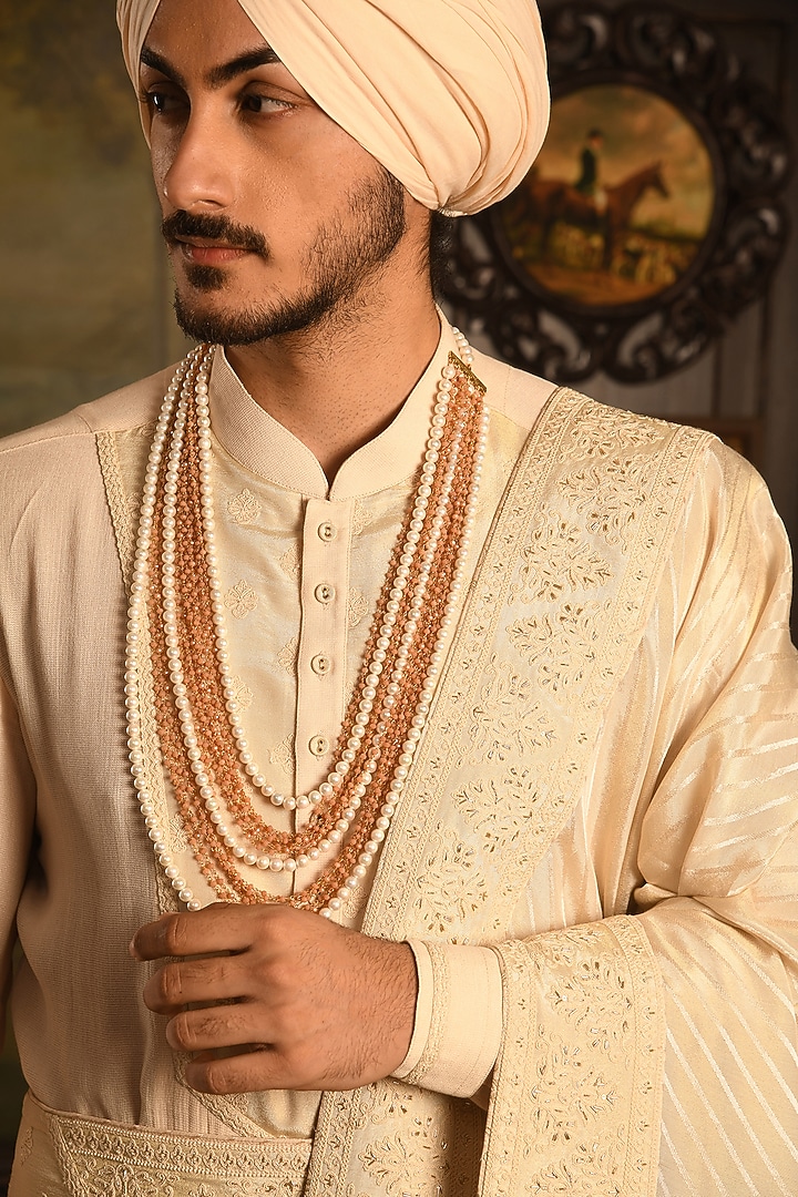 Ivory Silk Zardosi Embroidered Groom Sherwani Set by Punit Arora at Pernia's Pop Up Shop