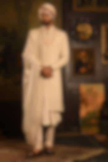 Cream Silk Dabka Embroidered Groom Sherwani Set by Punit Arora at Pernia's Pop Up Shop