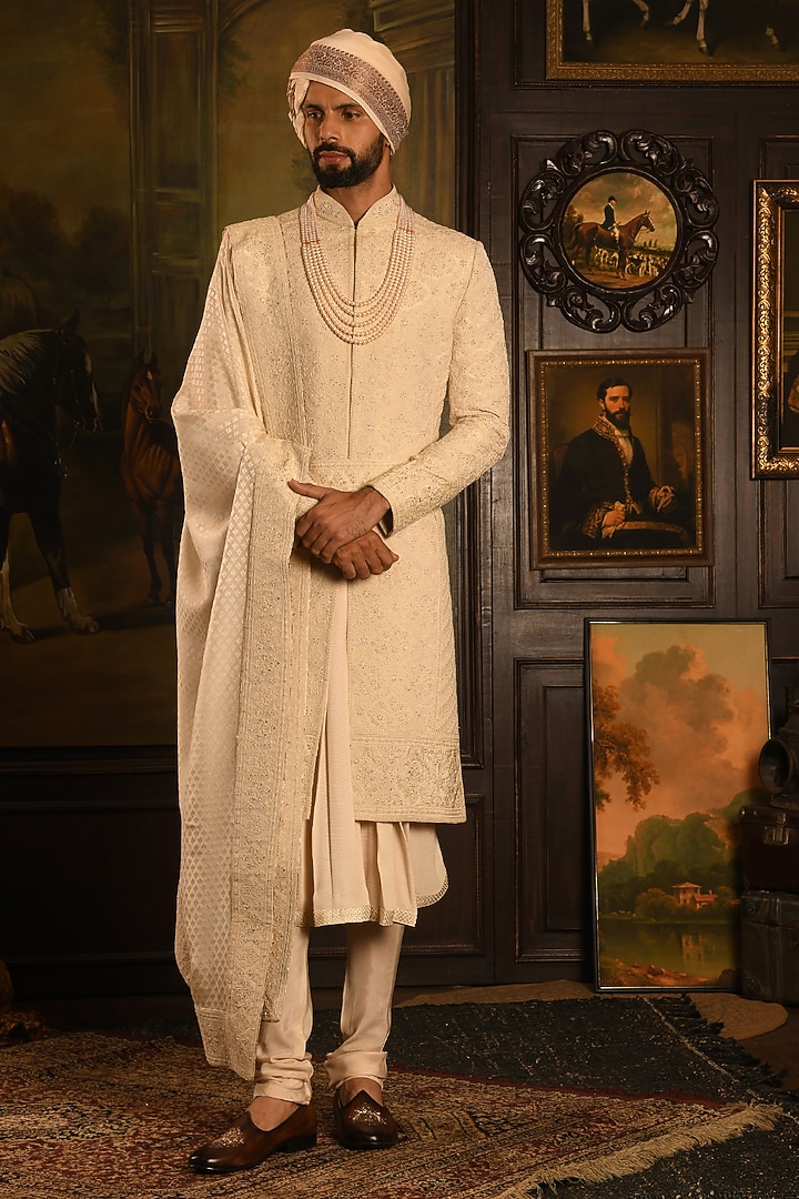 Cream Silk Dabka Embroidered Groom Sherwani Set by Punit Arora at Pernia's Pop Up Shop