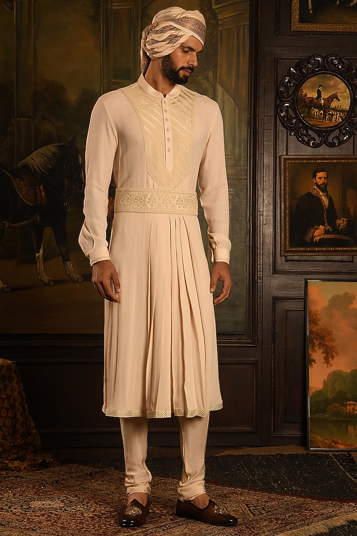 Cream Silk Dabka Embroidered Groom Sherwani Set by Punit Arora at Pernia's Pop Up Shop