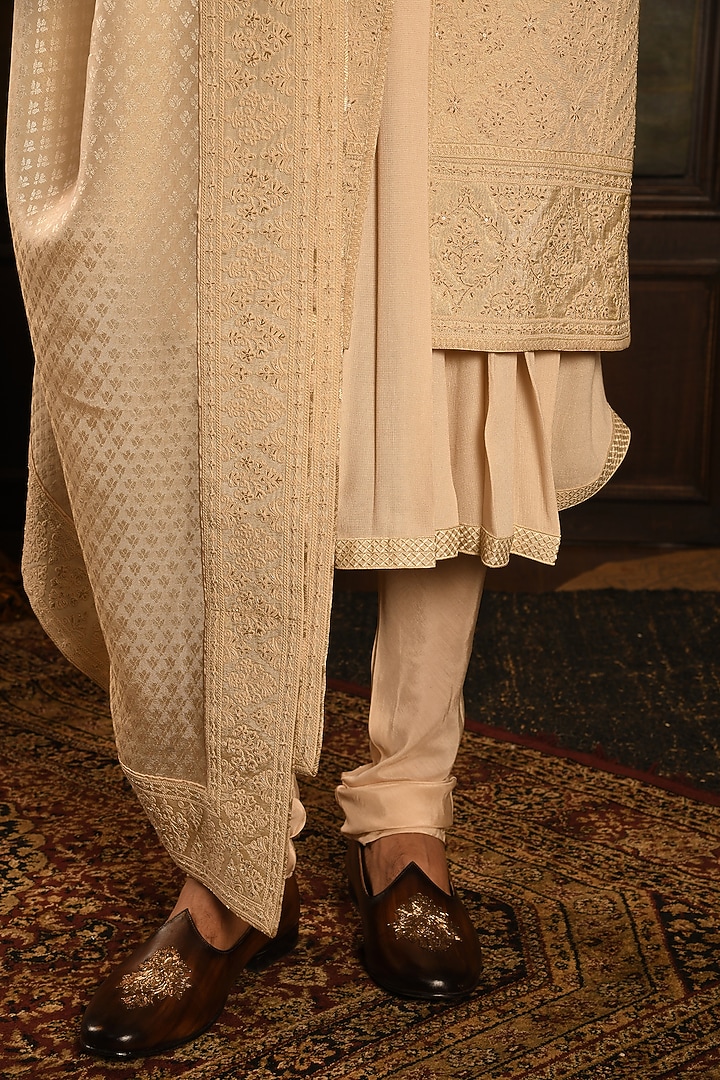 Cream Silk Dabka Embroidered Groom Sherwani Set by Punit Arora at Pernia's Pop Up Shop