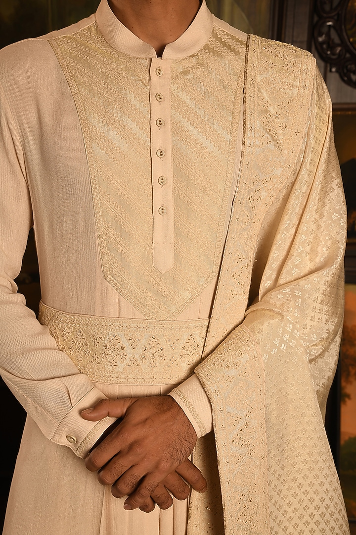Cream Silk Dabka Embroidered Groom Sherwani Set by Punit Arora at Pernia's Pop Up Shop