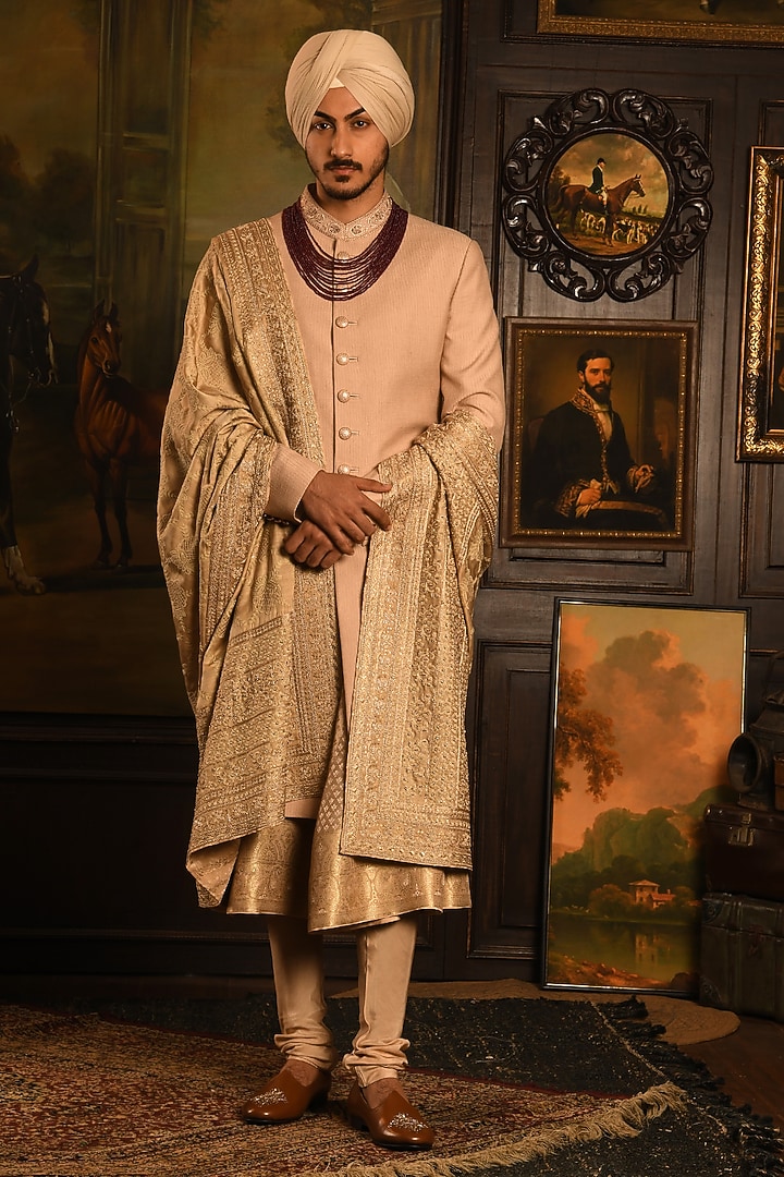 Luxe Gold Silk Zardosi Hand Embellished Groom Sherwani Set by Punit Arora at Pernia's Pop Up Shop