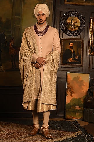 Luxe Gold Silk Zardosi Hand Embellished Sherwani Set by Punit Arora