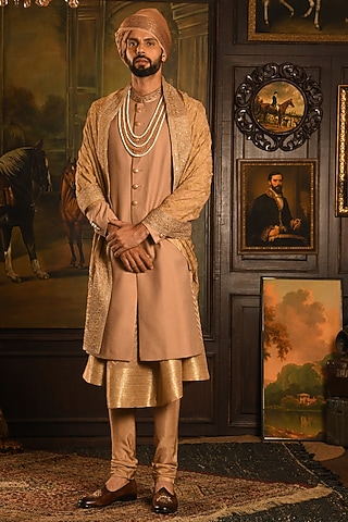 Deep Copper Silk Zardosi Hand Embellished Sherwani Set by Punit Arora