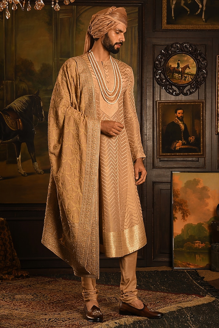 Deep Copper Silk Zardosi Hand Embellished Groom Sherwani Set by Punit Arora at Pernia's Pop Up Shop