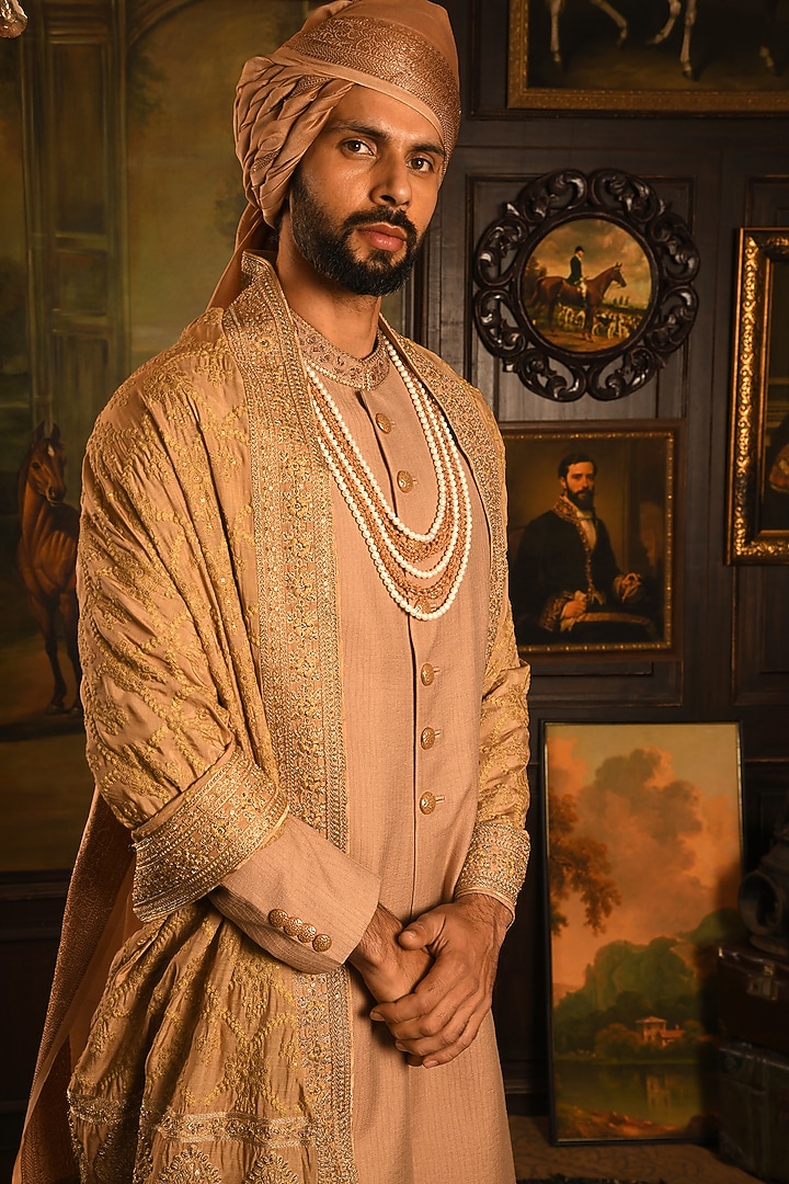 Deep Copper Silk Zardosi Hand Embellished Groom Sherwani Set by Punit Arora at Pernia's Pop Up Shop
