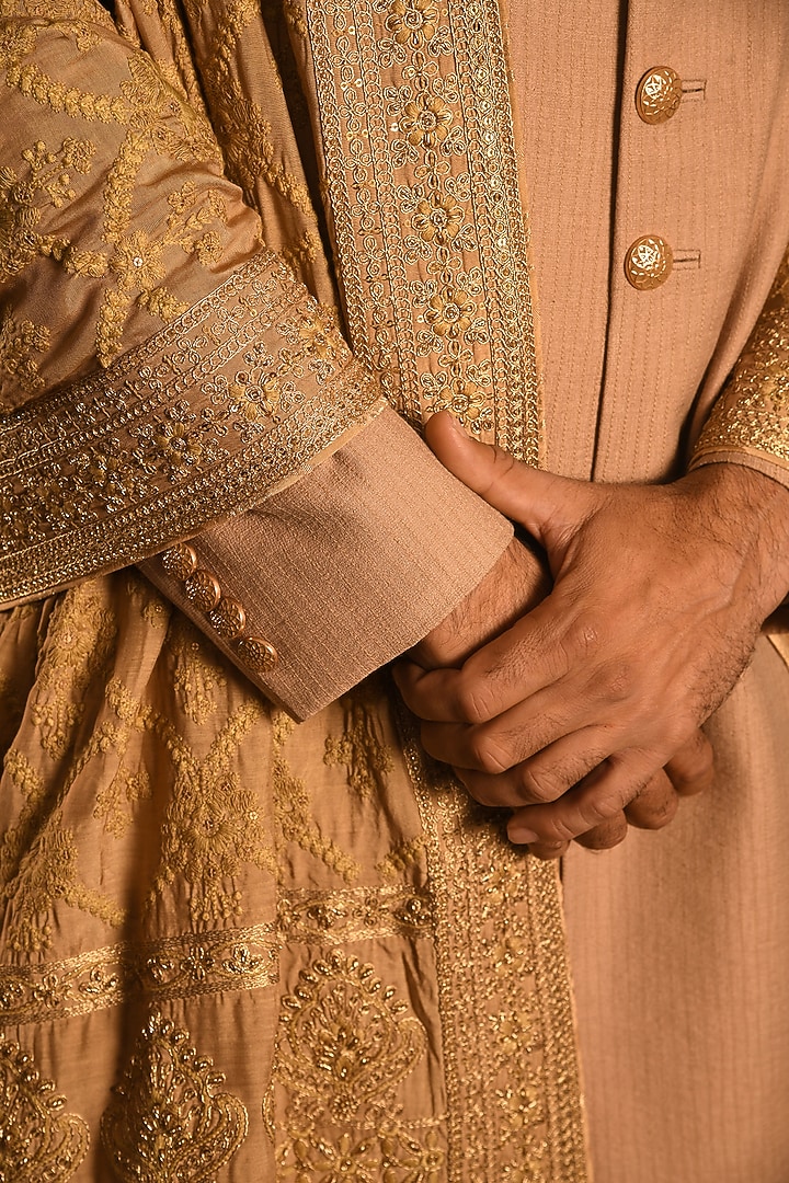 Deep Copper Silk Zardosi Hand Embellished Groom Sherwani Set by Punit Arora at Pernia's Pop Up Shop