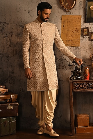Rose Gold Silk Dori Thread Embroidered Sherwani Set by Punit Arora