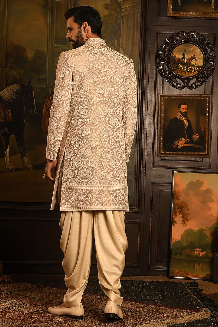 Rose Gold Silk Dori Thread Embroidered Wedding Sherwani Set by Punit Arora at Pernia's Pop Up Shop