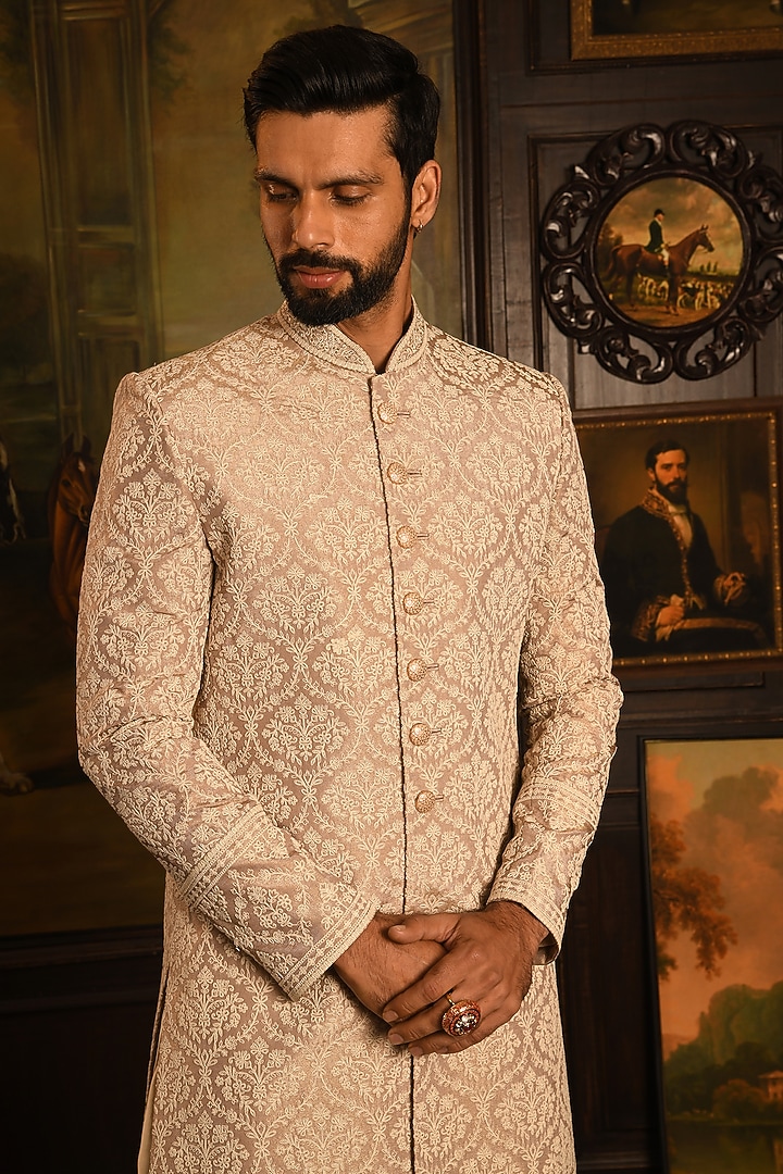 Rose Gold Silk Dori Thread Embroidered Wedding Sherwani Set by Punit Arora at Pernia's Pop Up Shop