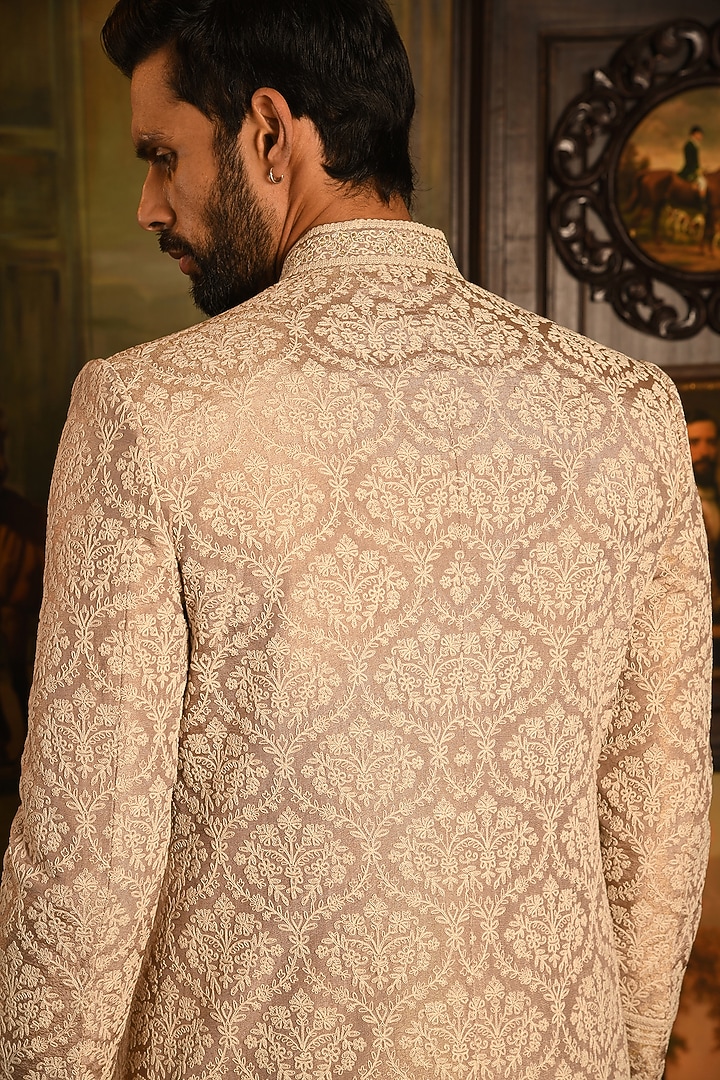Rose Gold Silk Dori Thread Embroidered Wedding Sherwani Set by Punit Arora at Pernia's Pop Up Shop