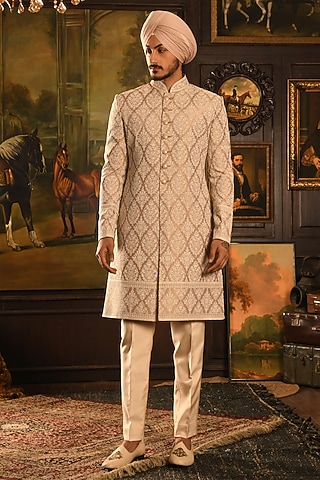 Rose Gold Silk Dori Thread Embroidered Sherwani Set by Punit Arora