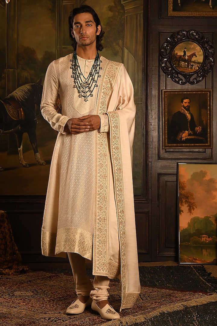 Gold Silk Zardosi Hand Embellished Groom Sherwani Set by Punit Arora at Pernia's Pop Up Shop
