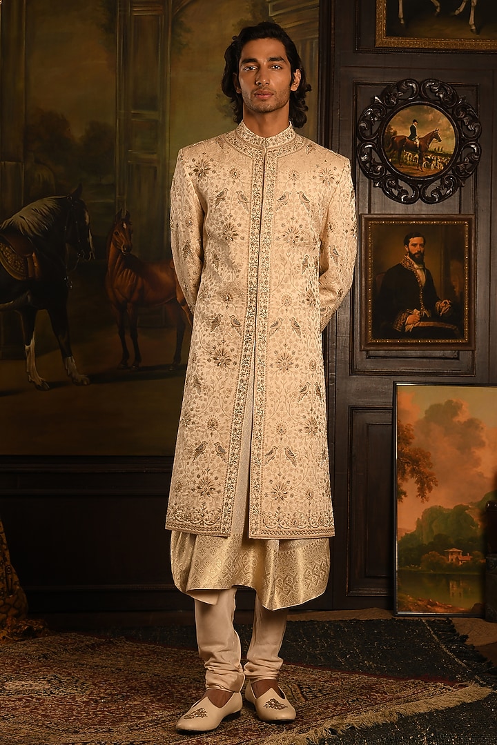 Gold Silk Zardosi Hand Embellished Groom Sherwani Set by Punit Arora at Pernia's Pop Up Shop