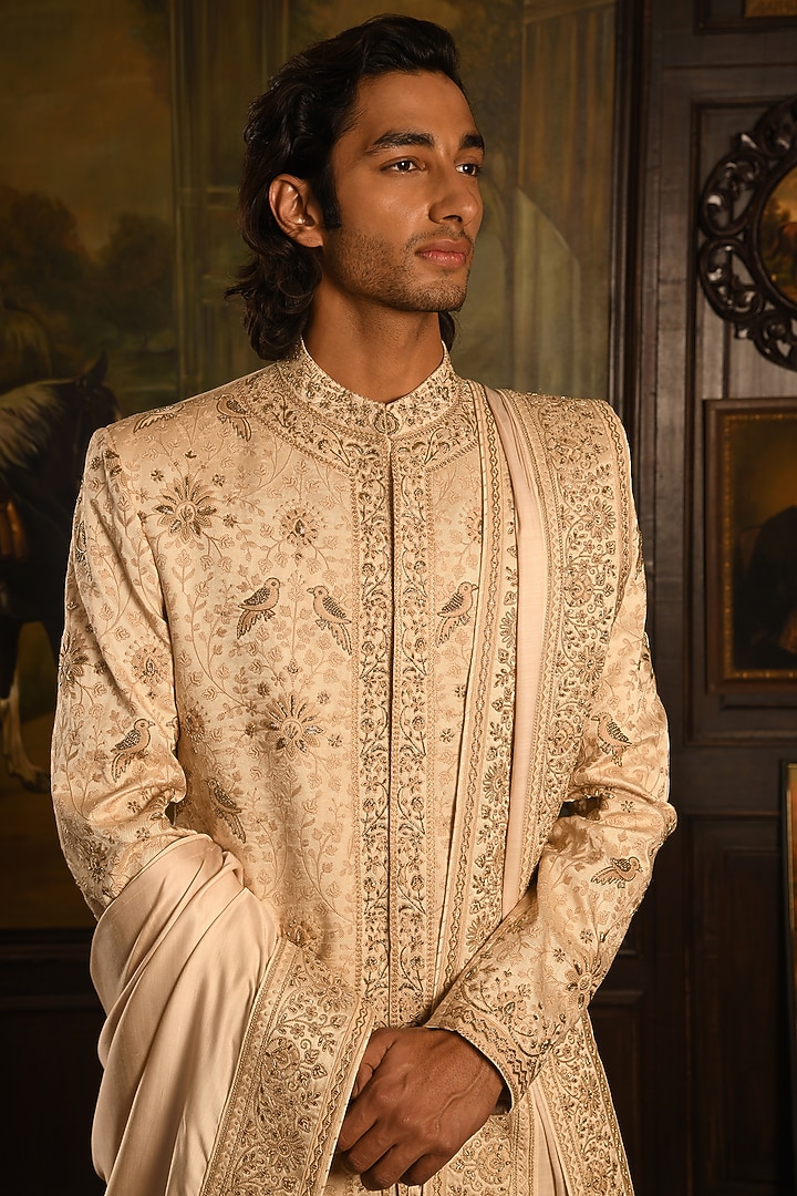 Gold Silk Zardosi Hand Embellished Groom Sherwani Set by Punit Arora at Pernia's Pop Up Shop
