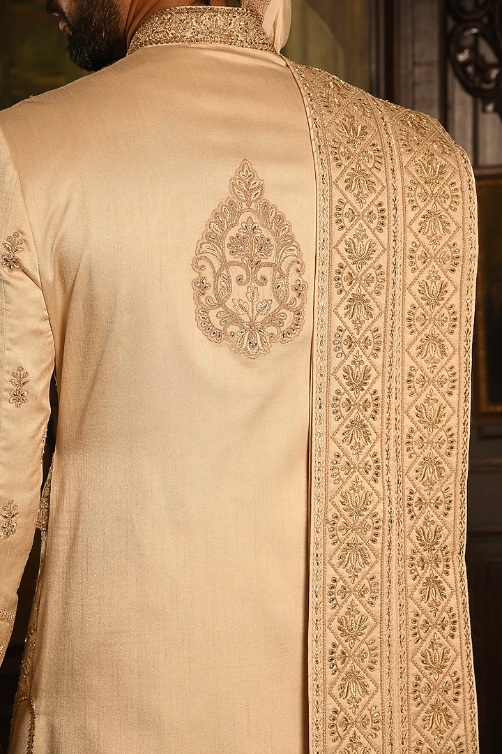 Beige Silk Zardosi Textured Embroidered Groom Sherwani Set by Punit Arora at Pernia's Pop Up Shop