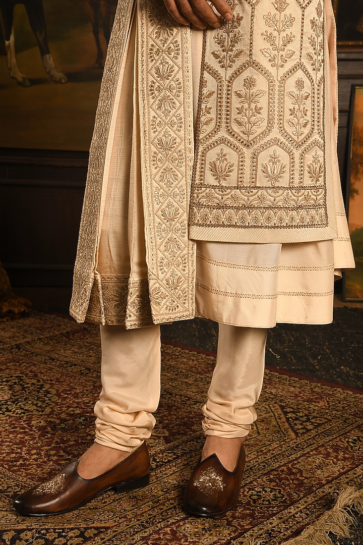 Beige Silk Zardosi Textured Embroidered Groom Sherwani Set by Punit Arora at Pernia's Pop Up Shop