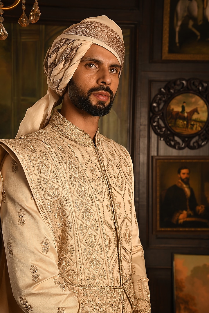 Beige Silk Zardosi Textured Embroidered Groom Sherwani Set by Punit Arora at Pernia's Pop Up Shop