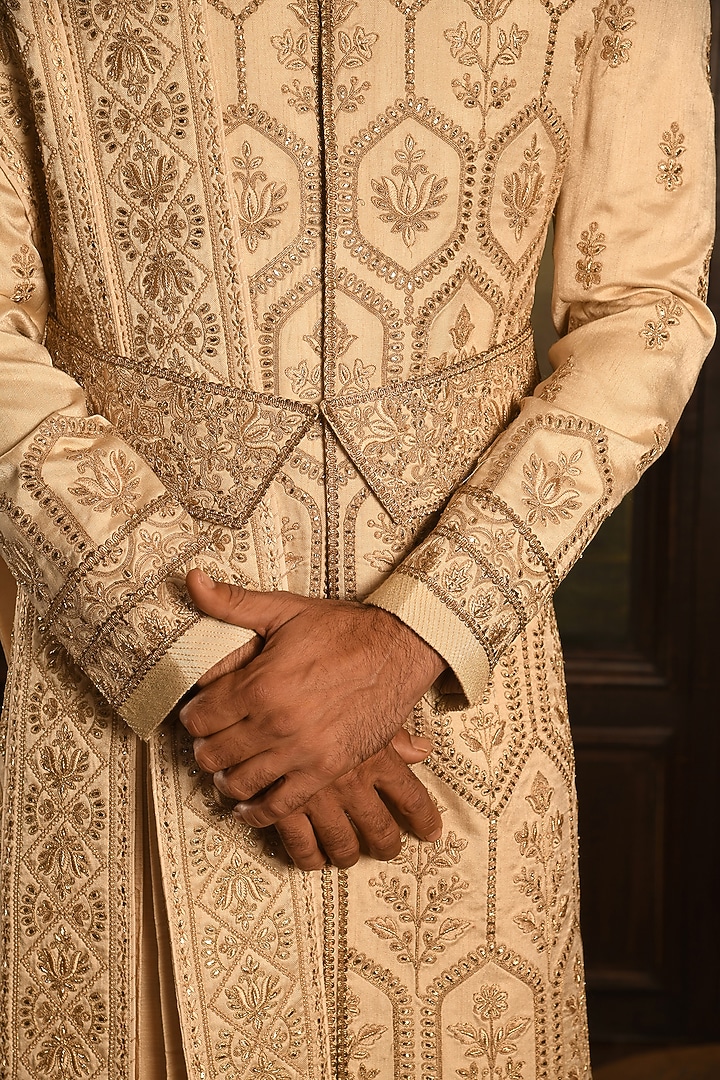 Beige Silk Zardosi Textured Embroidered Groom Sherwani Set by Punit Arora at Pernia's Pop Up Shop