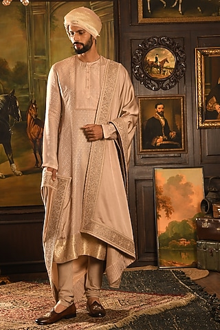 Rose Gold Silk Zardosi Hand Embroidered Sherwani Set by Punit Arora