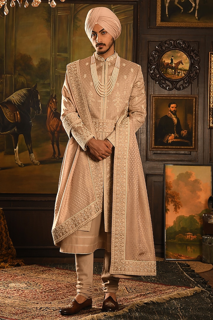 Rose Gold Silk Thread Embroidered Groom Sherwani Set by Punit Arora at Pernia's Pop Up Shop