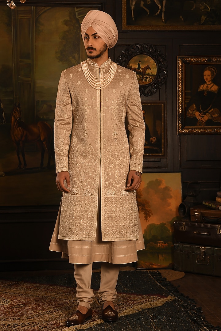 Rose Gold Silk Thread Embroidered Groom Sherwani Set by Punit Arora at Pernia's Pop Up Shop