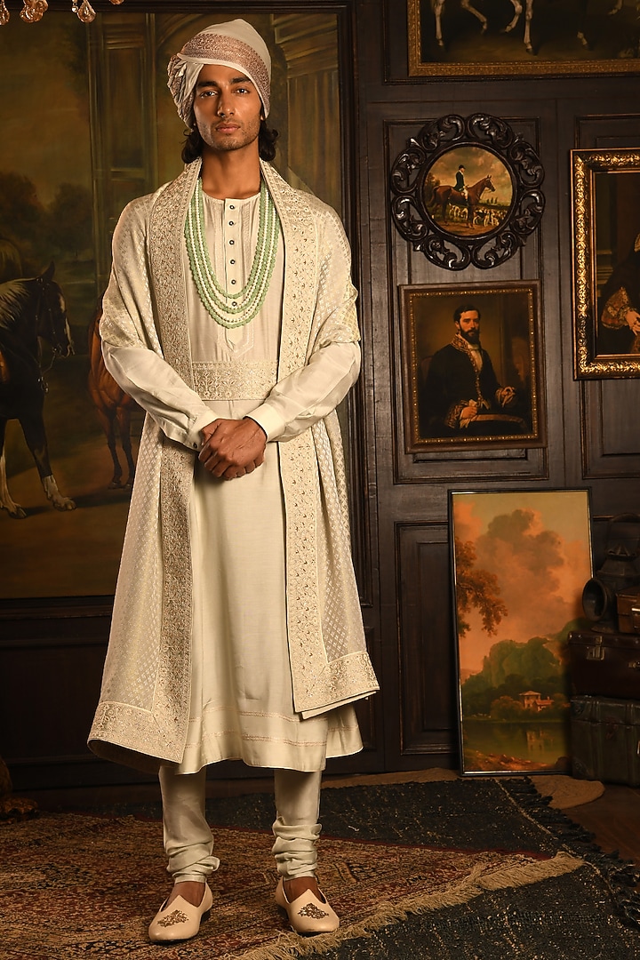Mist Green Silk Zardosi Embroidered Groom Sherwani Set by Punit Arora at Pernia's Pop Up Shop