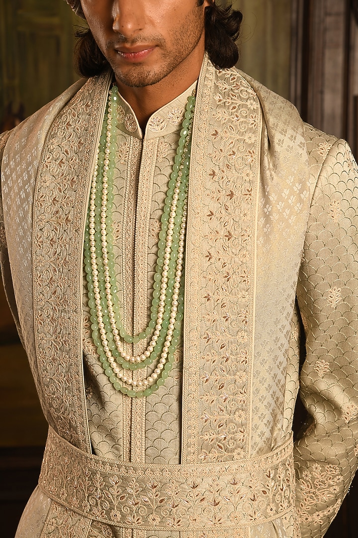 Mist Green Silk Zardosi Embroidered Groom Sherwani Set by Punit Arora at Pernia's Pop Up Shop