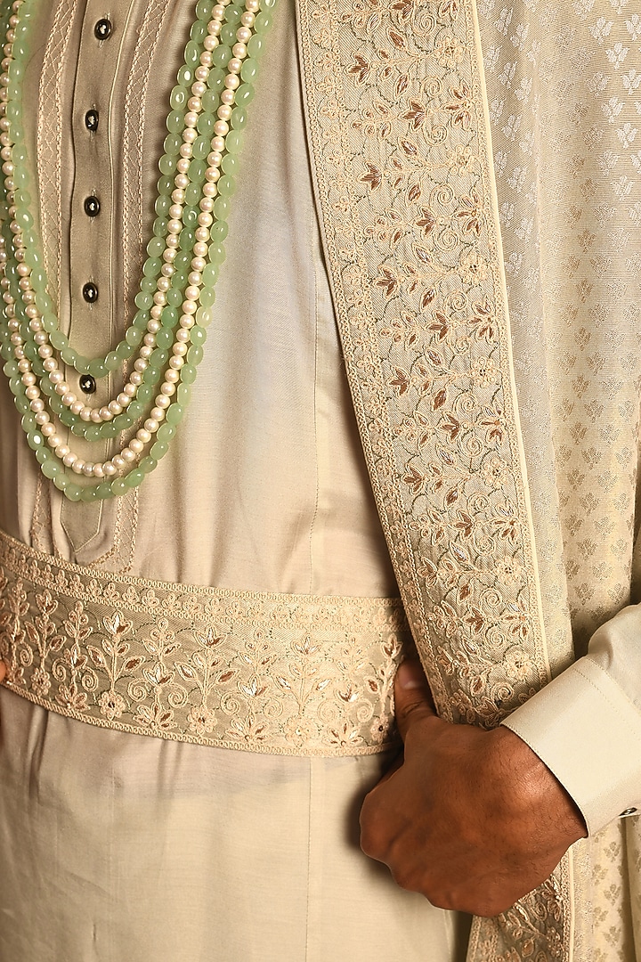 Mist Green Silk Zardosi Embroidered Groom Sherwani Set by Punit Arora at Pernia's Pop Up Shop