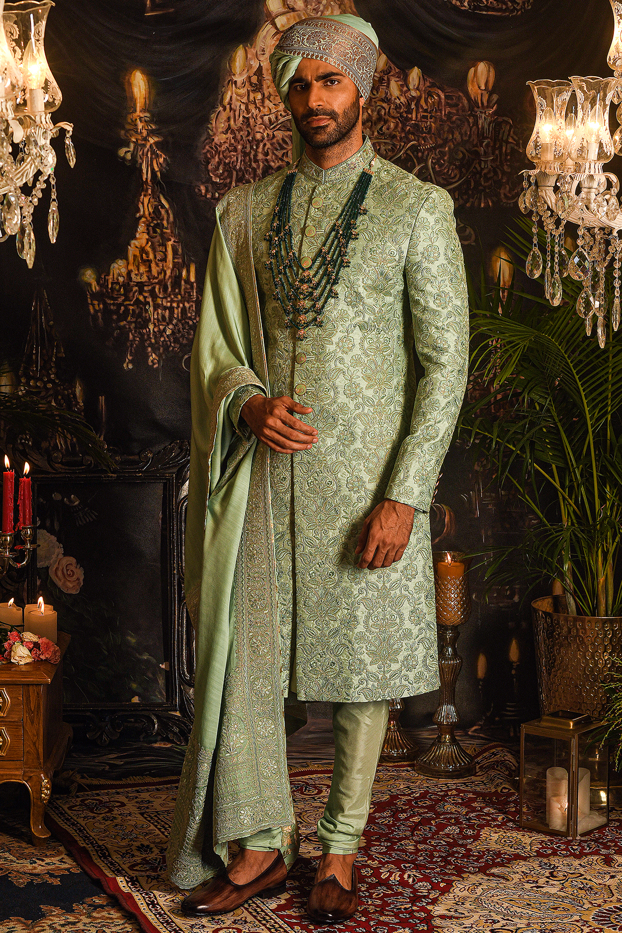 Serene Green Silk Thread Embroidered Groom Sherwani Set by Punit Arora at Pernia's Pop Up Shop