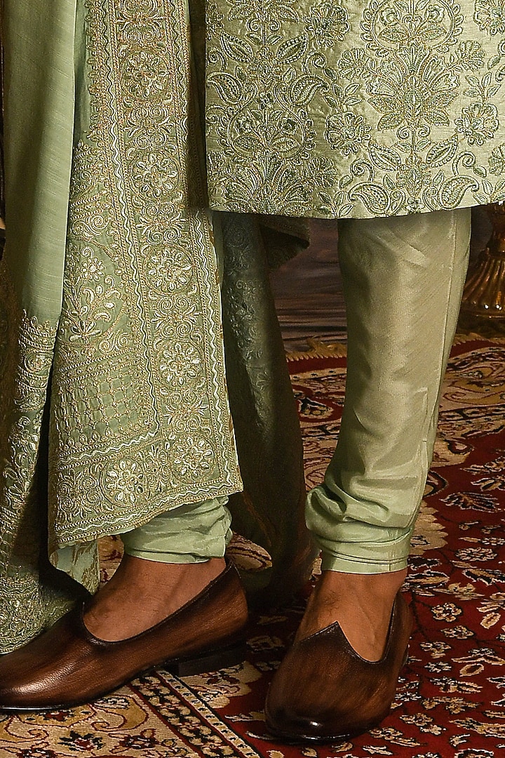 Serene Green Silk Thread Embroidered Groom Sherwani Set by Punit Arora at Pernia's Pop Up Shop