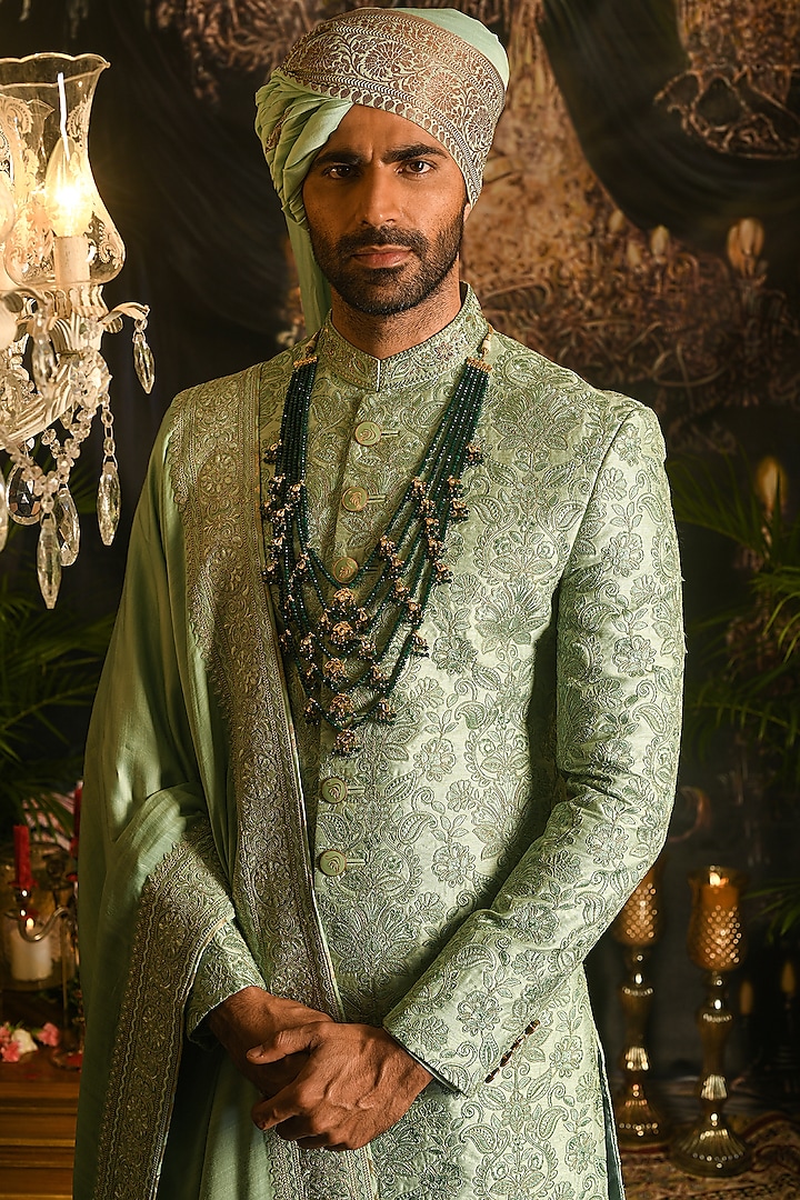 Serene Green Silk Thread Embroidered Groom Sherwani Set by Punit Arora at Pernia's Pop Up Shop