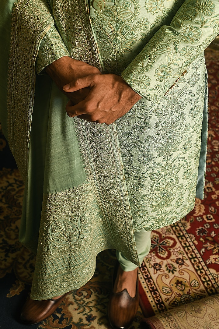 Serene Green Silk Thread Embroidered Groom Sherwani Set by Punit Arora at Pernia's Pop Up Shop