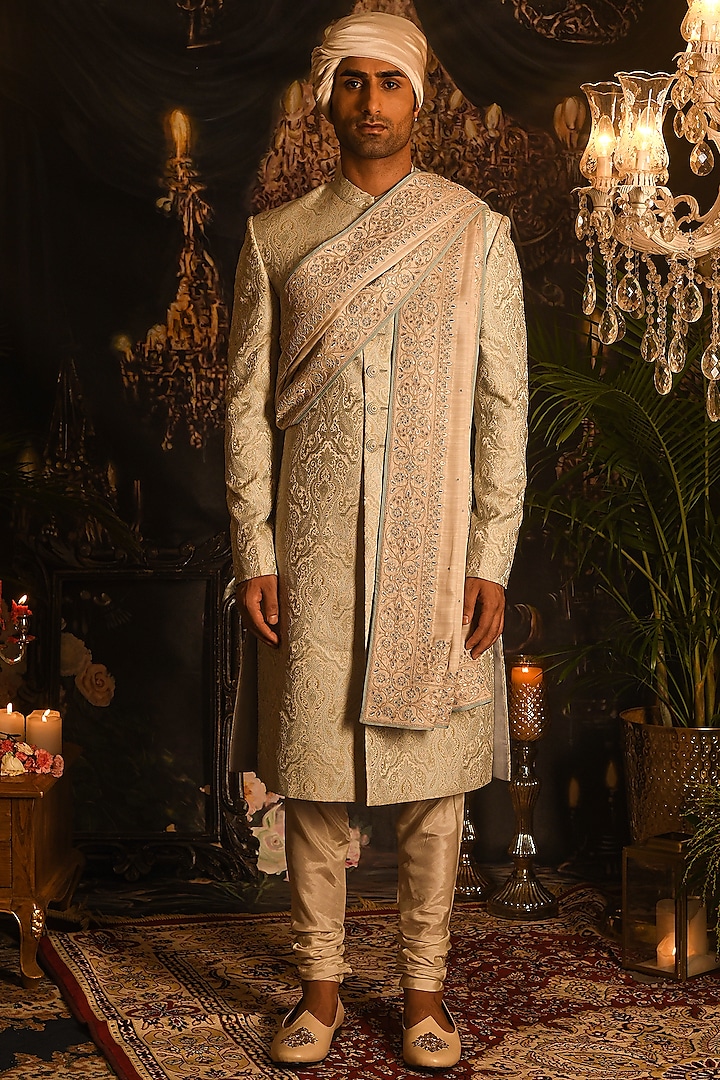 Palladian Grey Jacquard Silk Paisley Embroidered Sherwani Set by Punit Arora