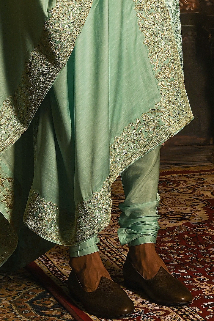 Mint Green Silk Thread Embroidered Groom Sherwani Set by Punit Arora at Pernia's Pop Up Shop